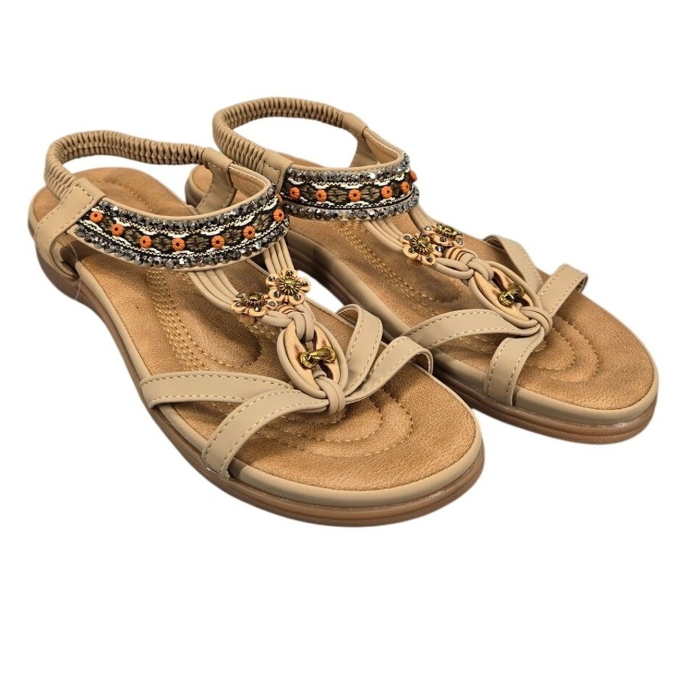 NEW Littleplum Beaded Flat Sandals Womens 9.5 Apricot Boho Elastic Slingback